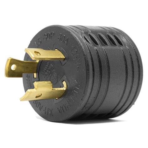 4-Prong, male plug connects to a power cord for hookup at home or an RV park. . 30 amp rv plug adapter